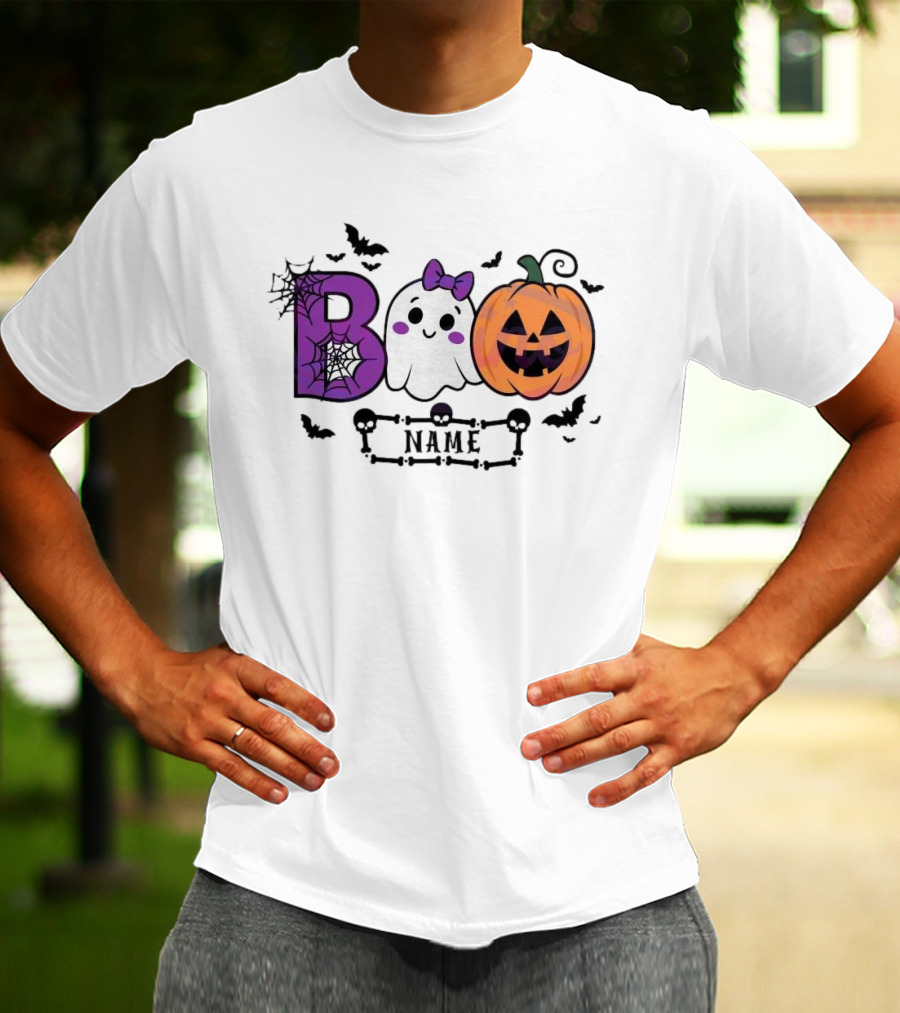 Boo Name Ghost Pumpkin Halloween Spiders Bats T-Shirt