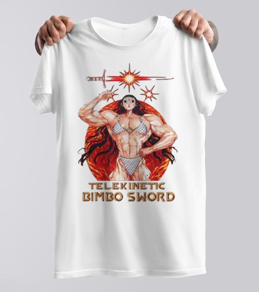 Rebecca Kirby Telekinetic Bimbo Sword Warrior With Fiery Background T-Shirt