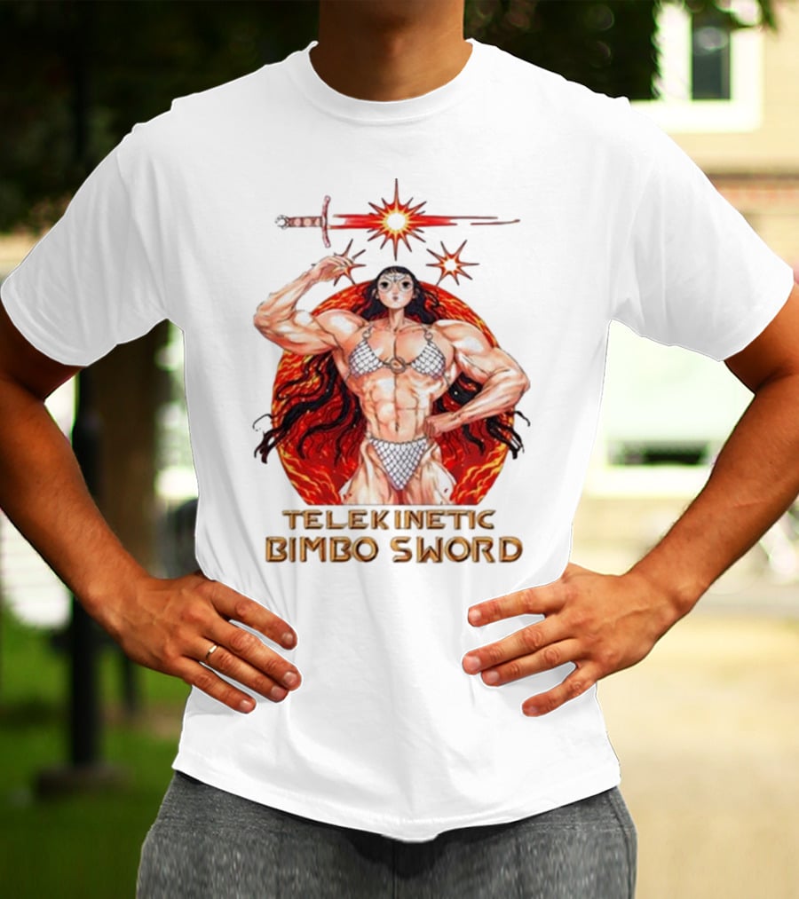 Rebecca Kirby Telekinetic Bimbo Sword Warrior With Fiery Background T-Shirt