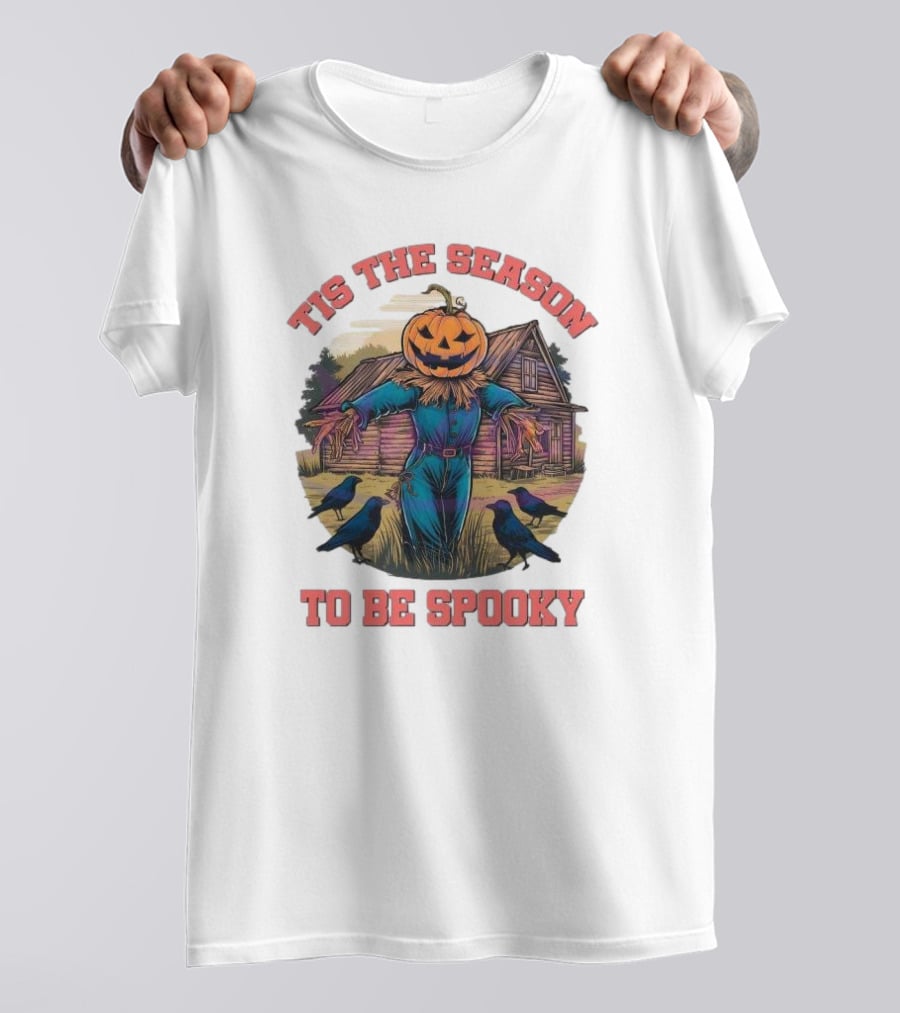 Tis The Season To Be Spooky Pumpkin Head Scarecrow With Crows In Front Of Haunted House T-Shirt