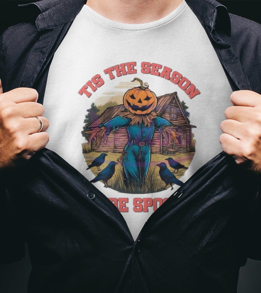 Tis The Season To Be Spooky Pumpkin Head Scarecrow With Crows In Front Of Haunted House T-Shirt