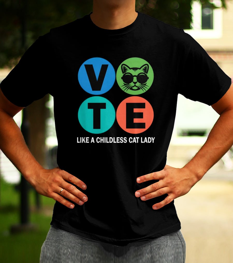 Vote Like A Childless Cat Lady Retro Circle Cat Face T-Shirt