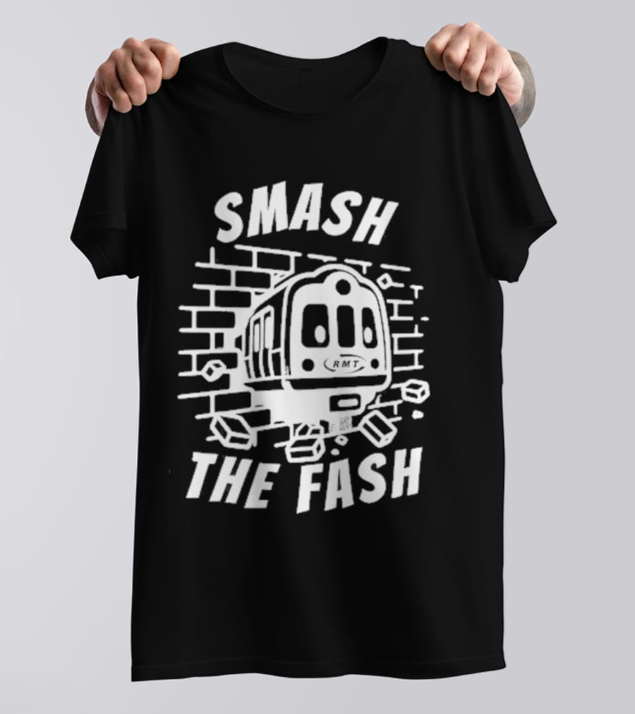 Manchester South RMT Smash The Fash Train Breaking Through Brick Wall T-Shirt