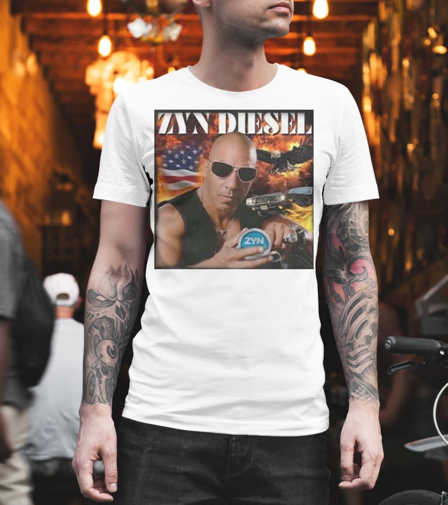 Zyn Diesel American Bald Eagle And Muscle Car Background T-Shirt