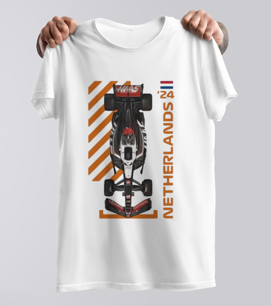 Haas F1 Racing Car Netherlands 24 Orange Stripes Racing Formula 1 T-Shirt
