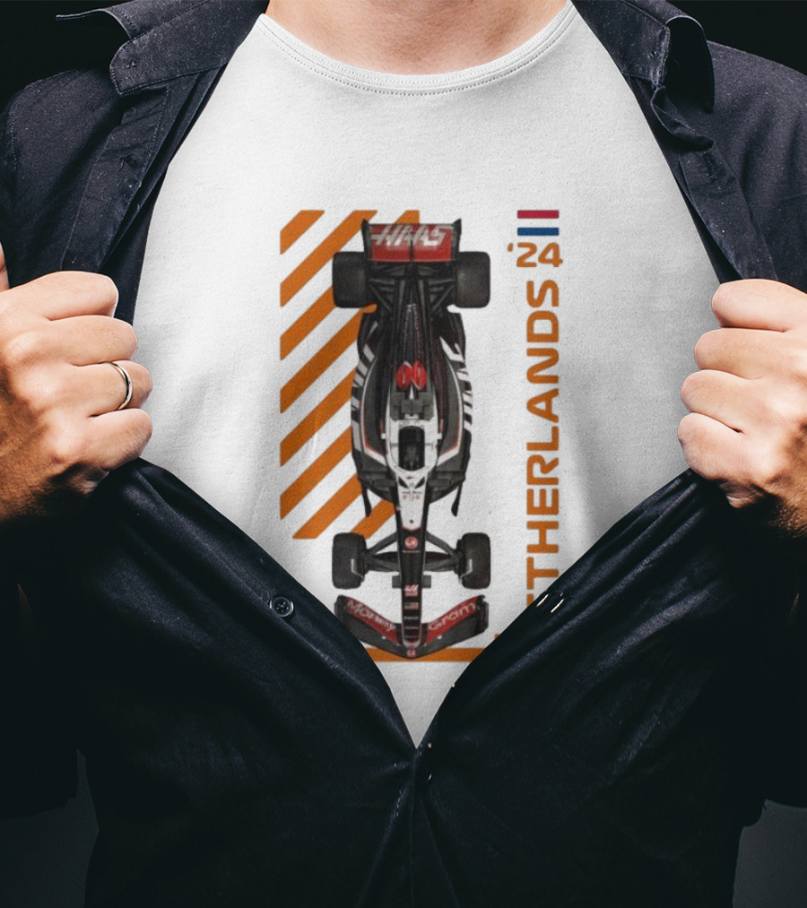 Haas F1 Racing Car Netherlands 24 Orange Stripes Racing Formula 1 T-Shirt