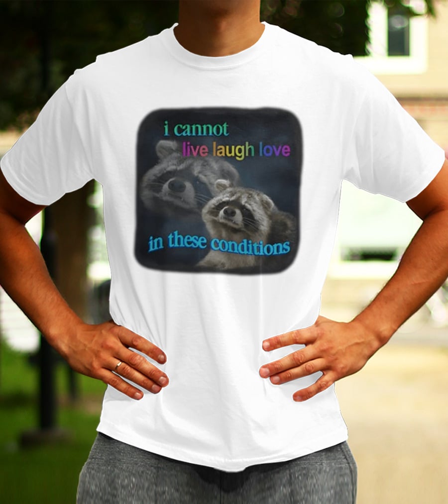 I Cannot Live Laugh Love In These Conditions Raccoon Duo Reality Check T-Shirt