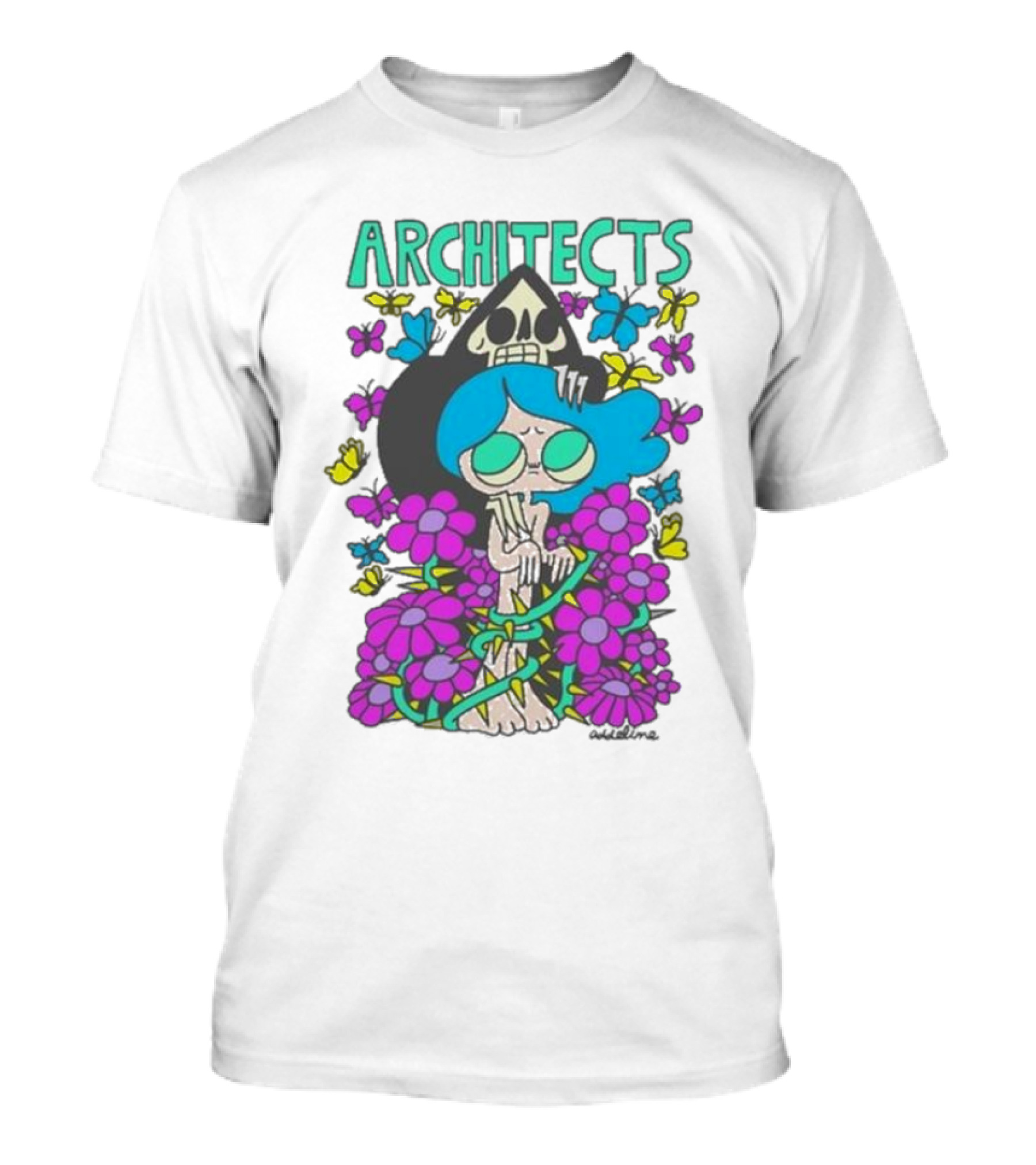 ARCHITECTS Butterfly Skull Skeleton Flowers Blue Hair T-Shirt