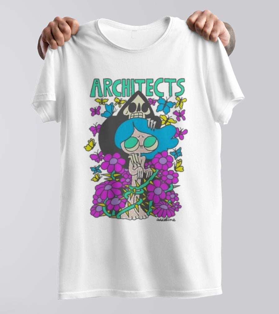 ARCHITECTS Butterfly Skull Skeleton Flowers Blue Hair T-Shirt