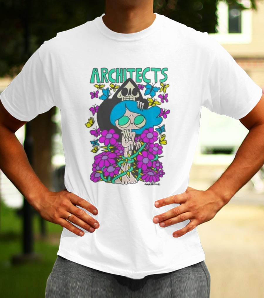 ARCHITECTS Butterfly Skull Skeleton Flowers Blue Hair T-Shirt