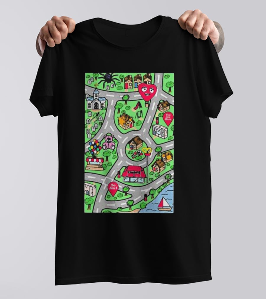 Are We There Yet Cute Cartoon Map With Smiling Landmarks And Colorful Scenery T-Shirt