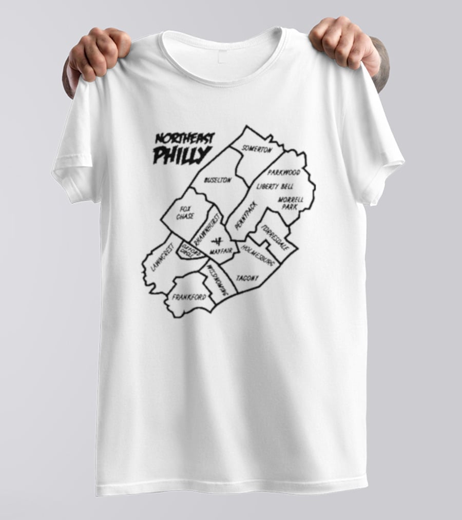 Northeast Philly Map Featuring Somerton Parkwood Liberty Bell Fox Chase Oxford Circle Tacony Frankford Map T-Shirt