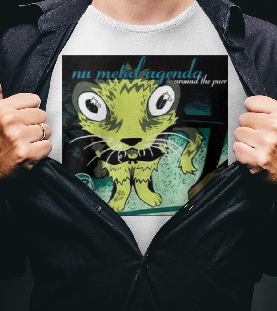 Nu Metal Agenda Around The Purr Feline Illustration With Swirling Colors And Bold Letters T-Shirt