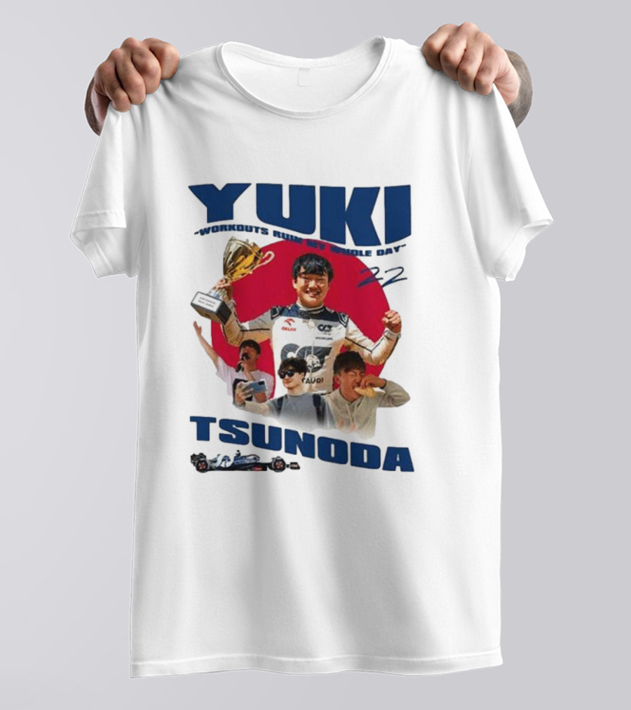 Yuki Tsunoda Victory Celebration With Racing Imagery And Text 'Run My Whole Day 22' T-Shirt