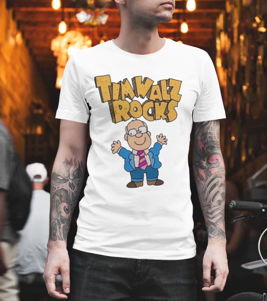 Tim Walz Rocks Cartoon Character In Tie And Suit T-Shirt