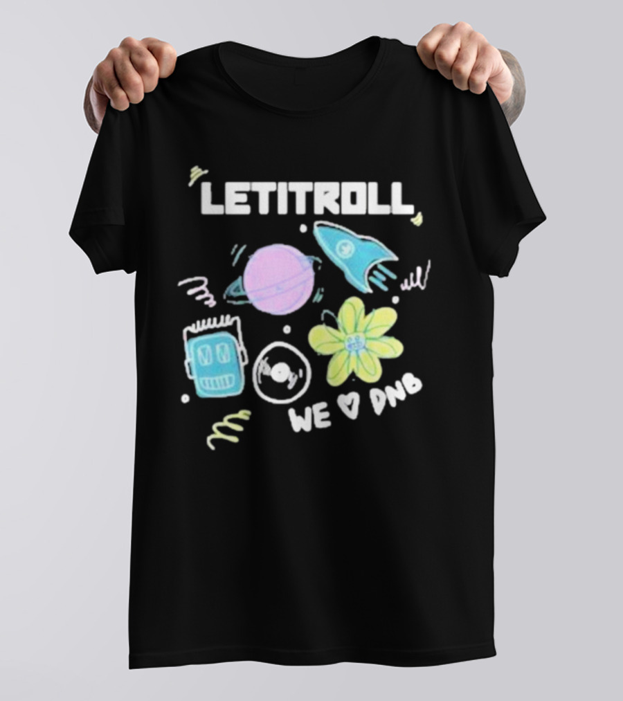 LETITROLL We Love DNB Planet Rocket Robot Flower T-Shirt