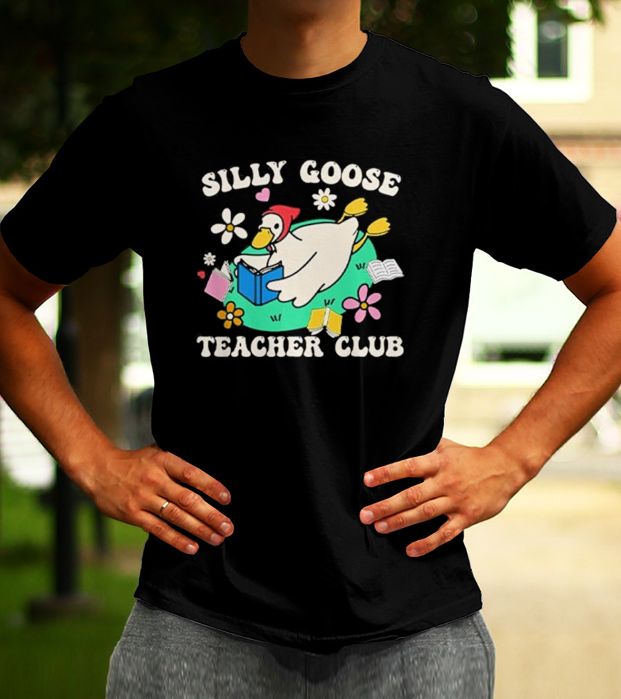 Silly Goose Teacher Club Reading Duck With Flowers And Open Books T-Shirt