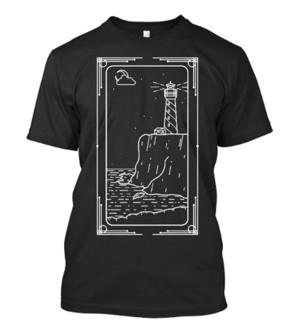 Coastal Lighthouse Cliff With Starry Sky And Waves T-Shirt