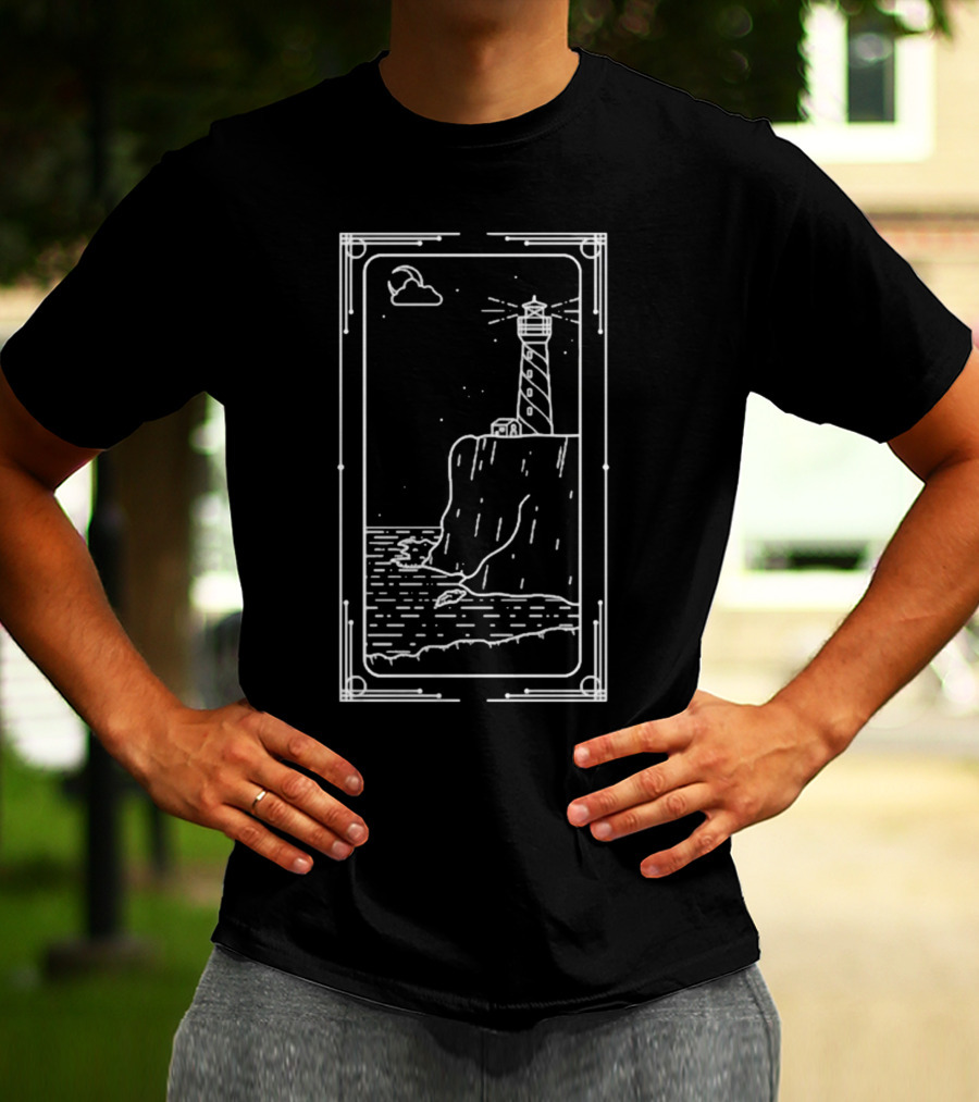 Coastal Lighthouse Cliff With Starry Sky And Waves T-Shirt