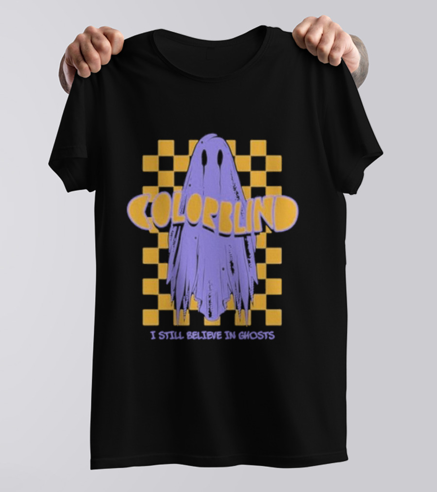 Colorblind I Still Believe In Ghosts Purple Ghost On Yellow Checkered Background T-Shirt