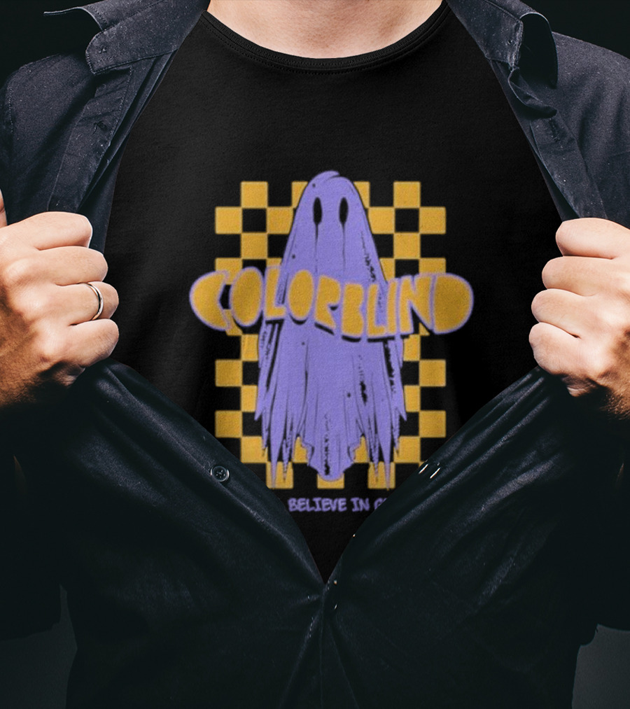 Colorblind I Still Believe In Ghosts Purple Ghost On Yellow Checkered Background T-Shirt