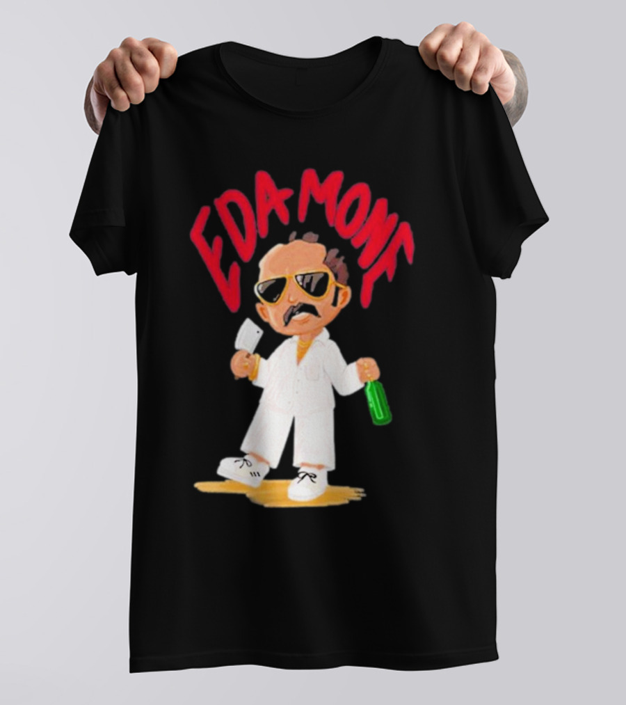 Eda Mone Rangan Chettan Cartoon Character In White Suit With Sunglasses Holding Cleaver And Bottle T-Shirt