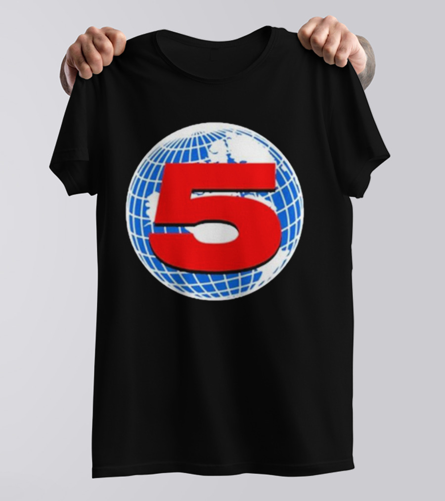Red Number 5 On Blue And White Globe Background T-Shirt