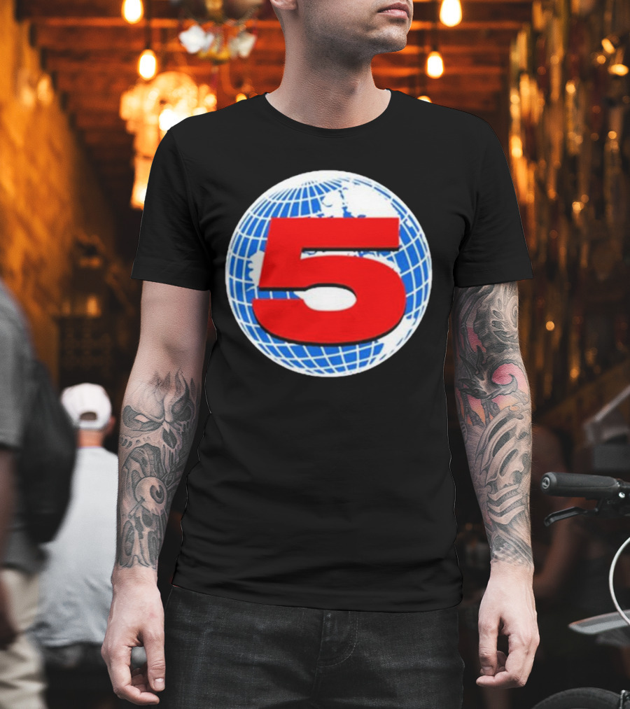 Red Number 5 On Blue And White Globe Background T-Shirt