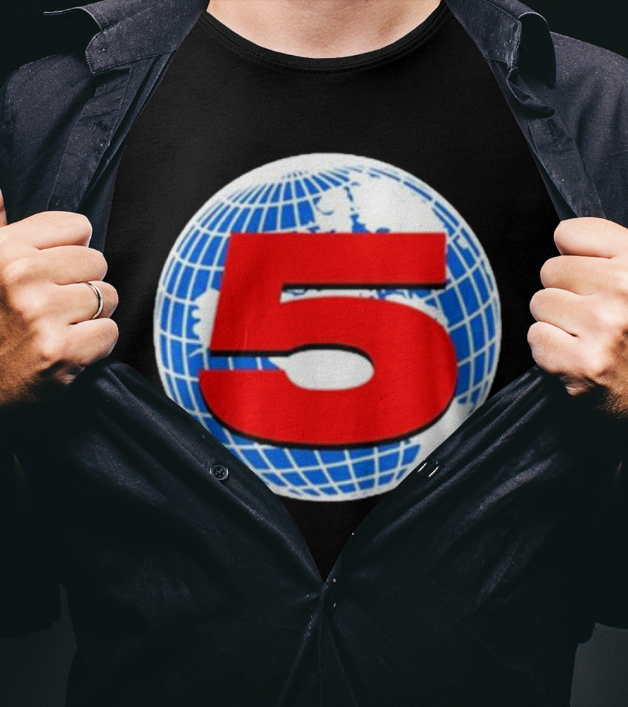 Red Number 5 On Blue And White Globe Background T-Shirt