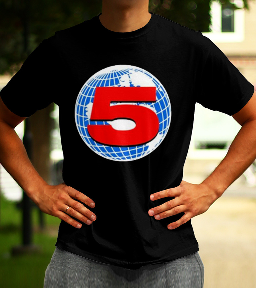 Red Number 5 On Blue And White Globe Background T-Shirt