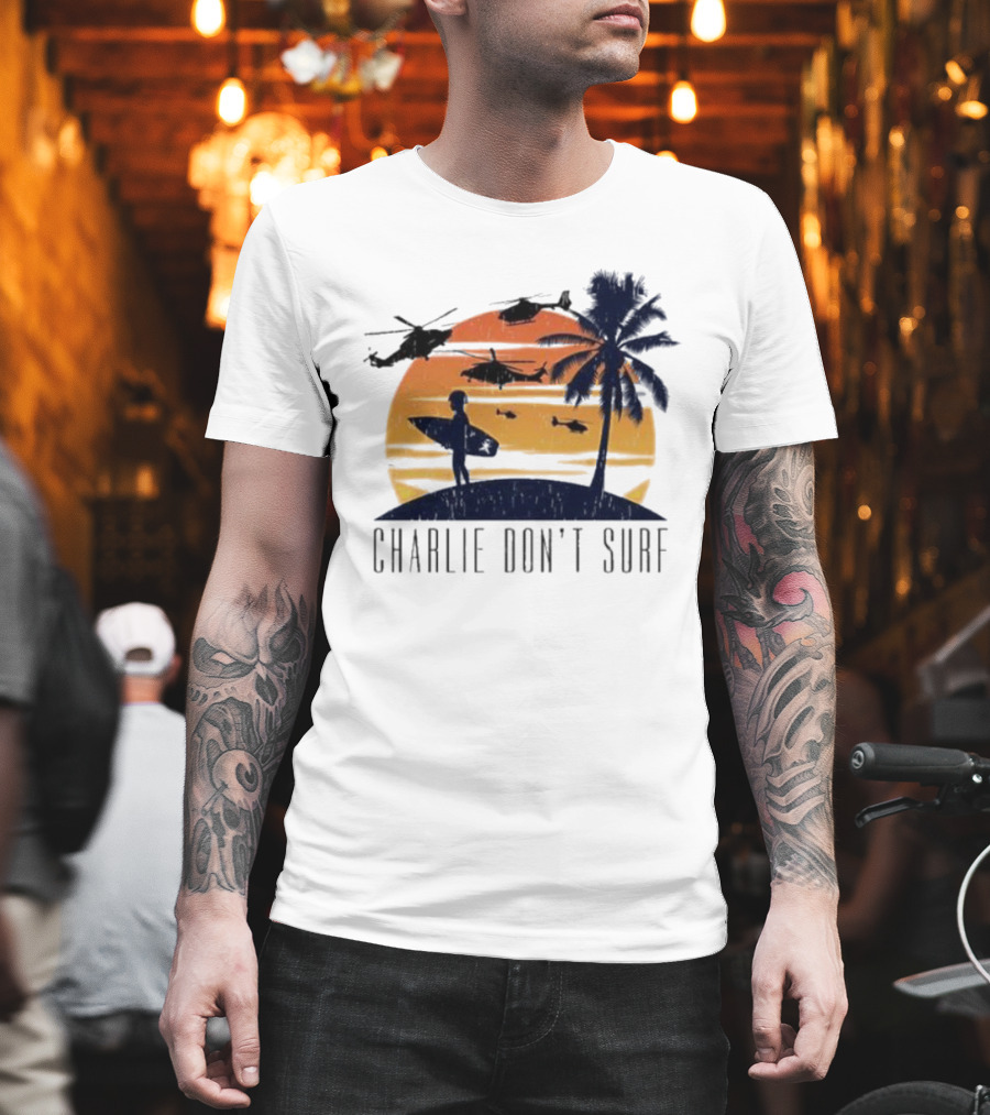 Charlie Don’t Surf Helicopters Palm Sunset Surfer T-Shirt