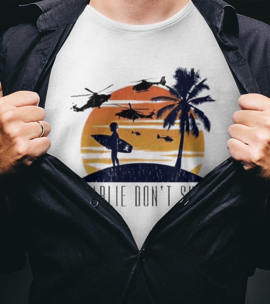 Charlie Don’t Surf Helicopters Palm Sunset Surfer T-Shirt