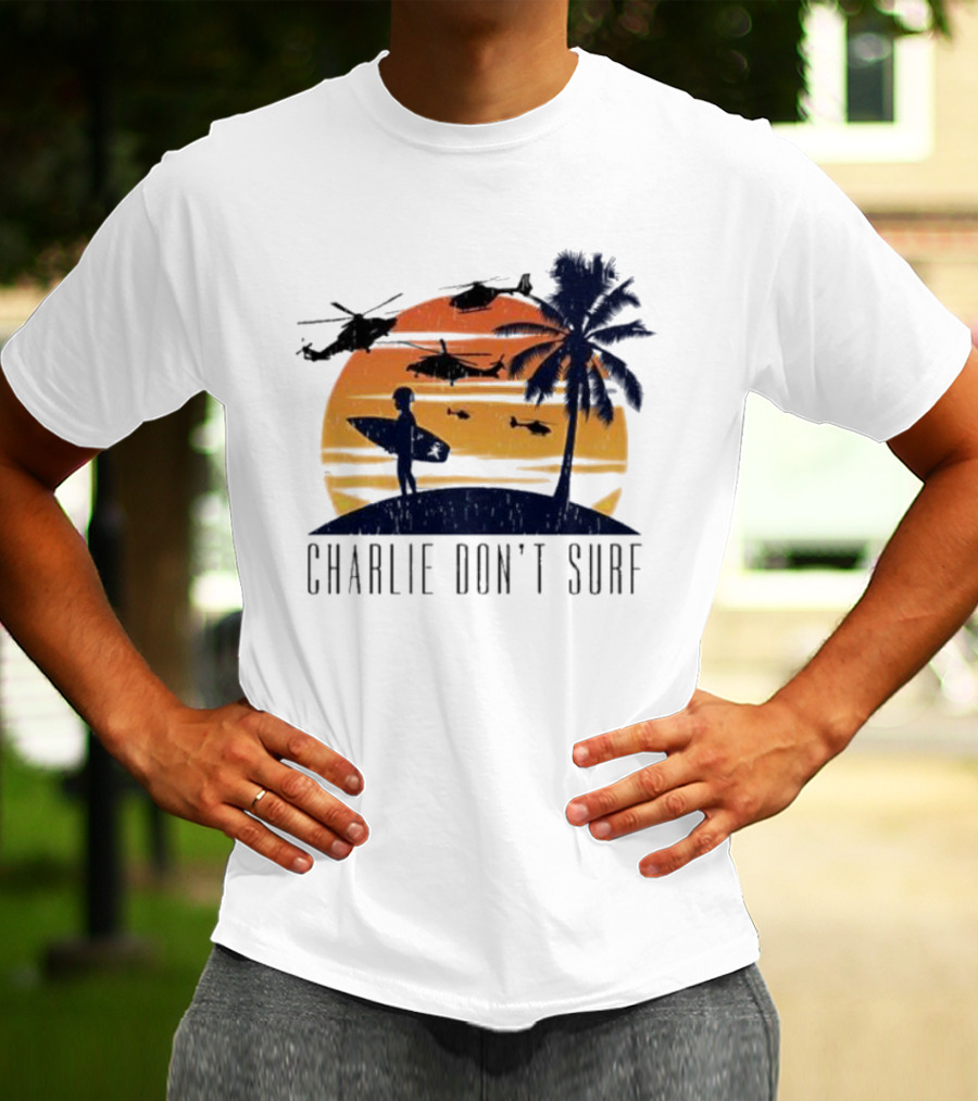 Charlie Don’t Surf Helicopters Palm Sunset Surfer T-Shirt