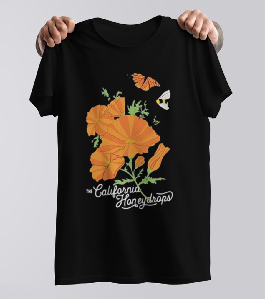 The California Honeydrops Orange Poppies Meadow With Butterfly And Bee T-Shirt
