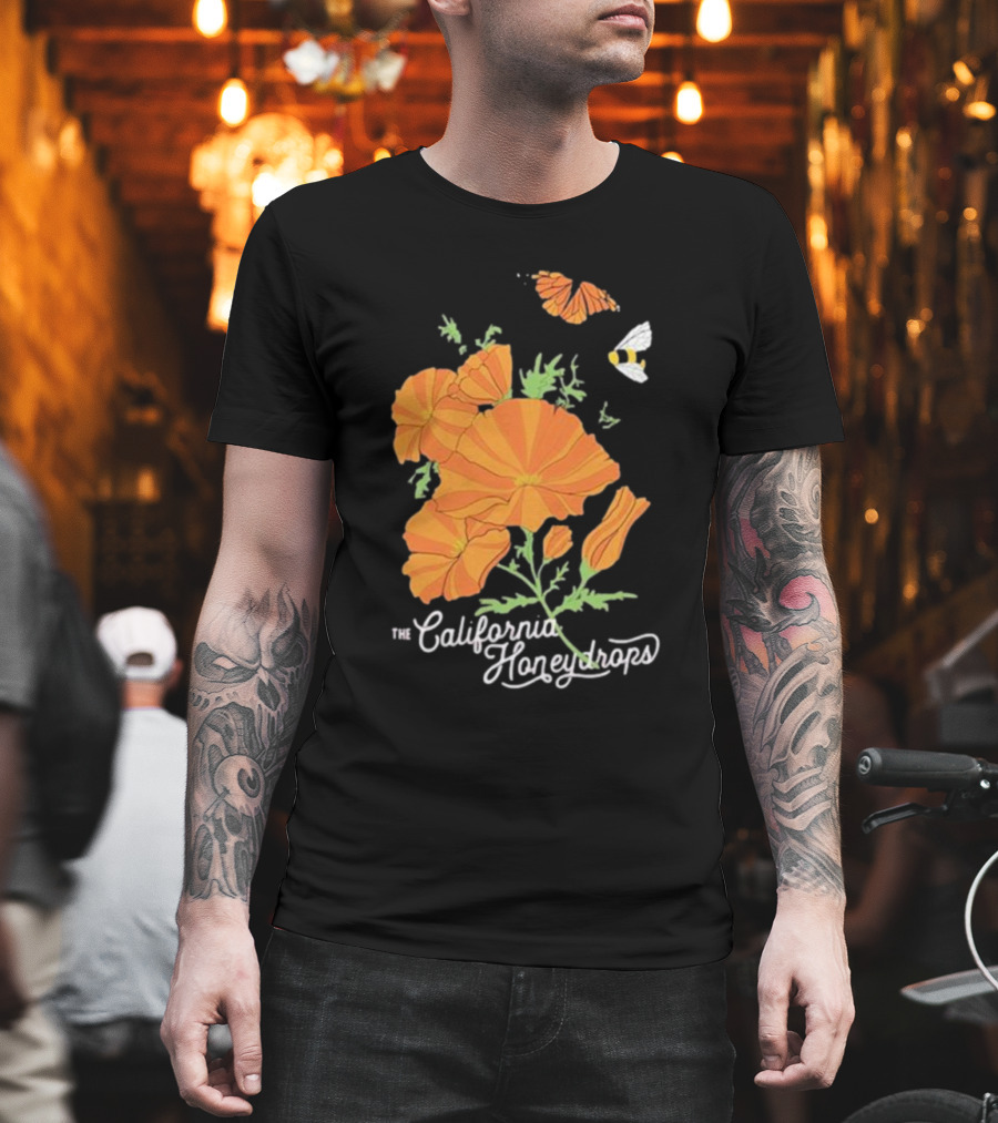 The California Honeydrops Orange Poppies Meadow With Butterfly And Bee T-Shirt