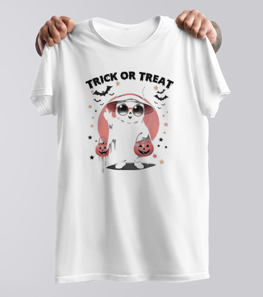 Trick Or Treat Cute Ghost With Pumpkin Bats And Glasses T-Shirt