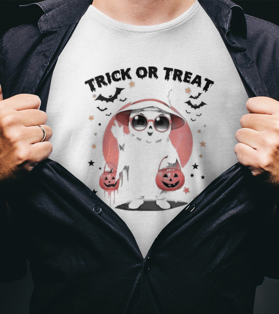 Trick Or Treat Cute Ghost With Pumpkin Bats And Glasses T-Shirt