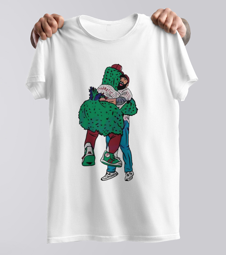 Phanatic Phillies Mascot Embrace With Baseball Player T-Shirt