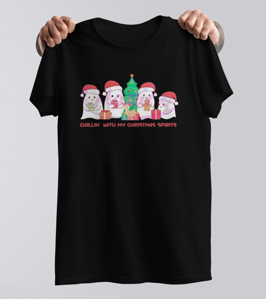 Chillin' With My Christmas Spirits Santa Hat Ghosts And Gifts T-Shirt