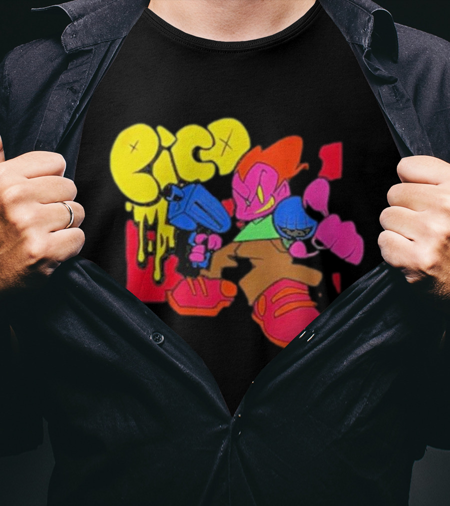Friday Night Funkin Pico Colorful Cartoon Character Holding Gun T-Shirt