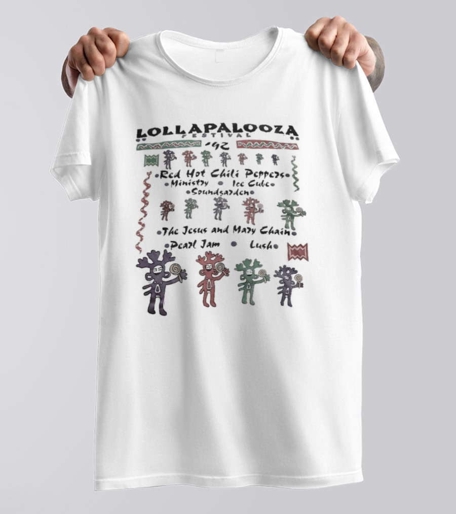 Lollapalooza Festival 1992 Red Hot Chili Peppers Ministry Ice Cube Soundgarden Jesus And Mary Chain Pearl Jam Lush Vivid Tribal Figures T-Shirt