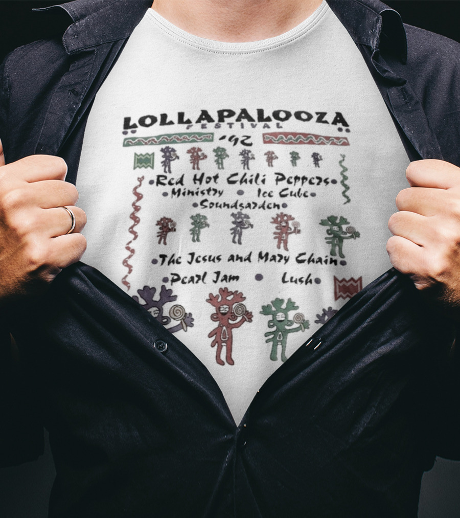 Lollapalooza Festival 1992 Red Hot Chili Peppers Ministry Ice Cube Soundgarden Jesus And Mary Chain Pearl Jam Lush Vivid Tribal Figures T-Shirt
