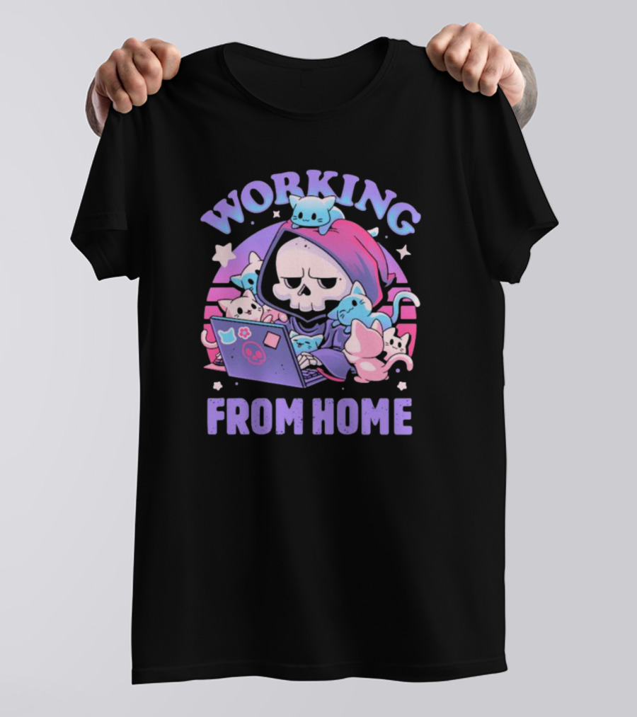 Working From Home Reaper With Cats Using Computer T-Shirt