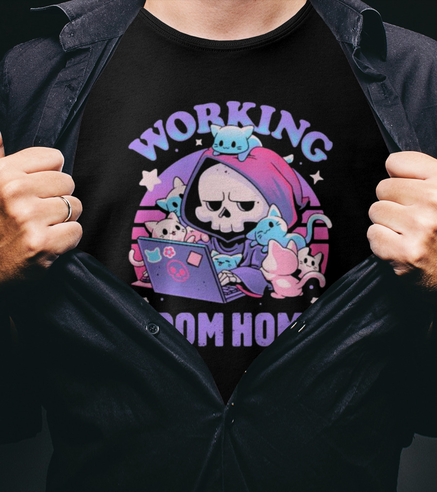 Working From Home Reaper With Cats Using Computer T-Shirt