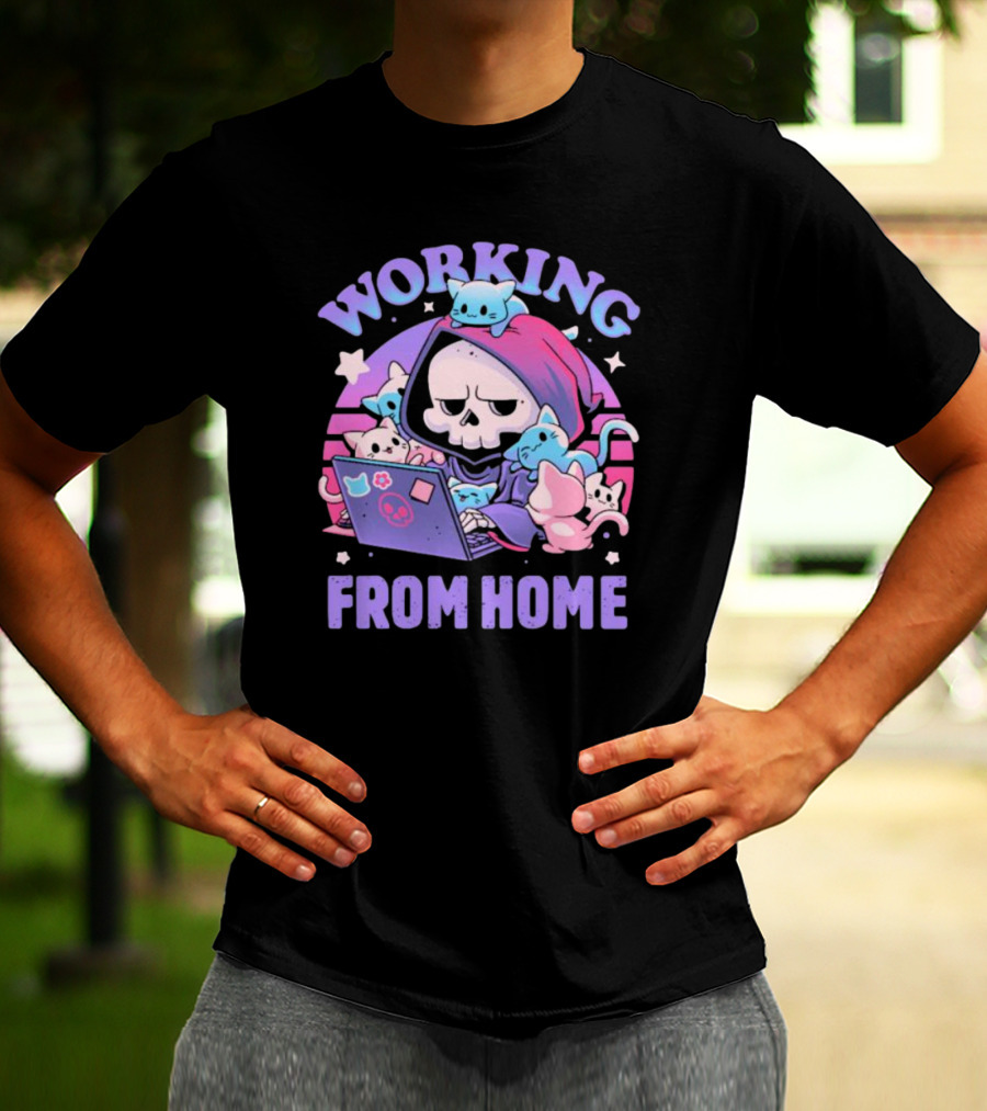 Working From Home Reaper With Cats Using Computer T-Shirt