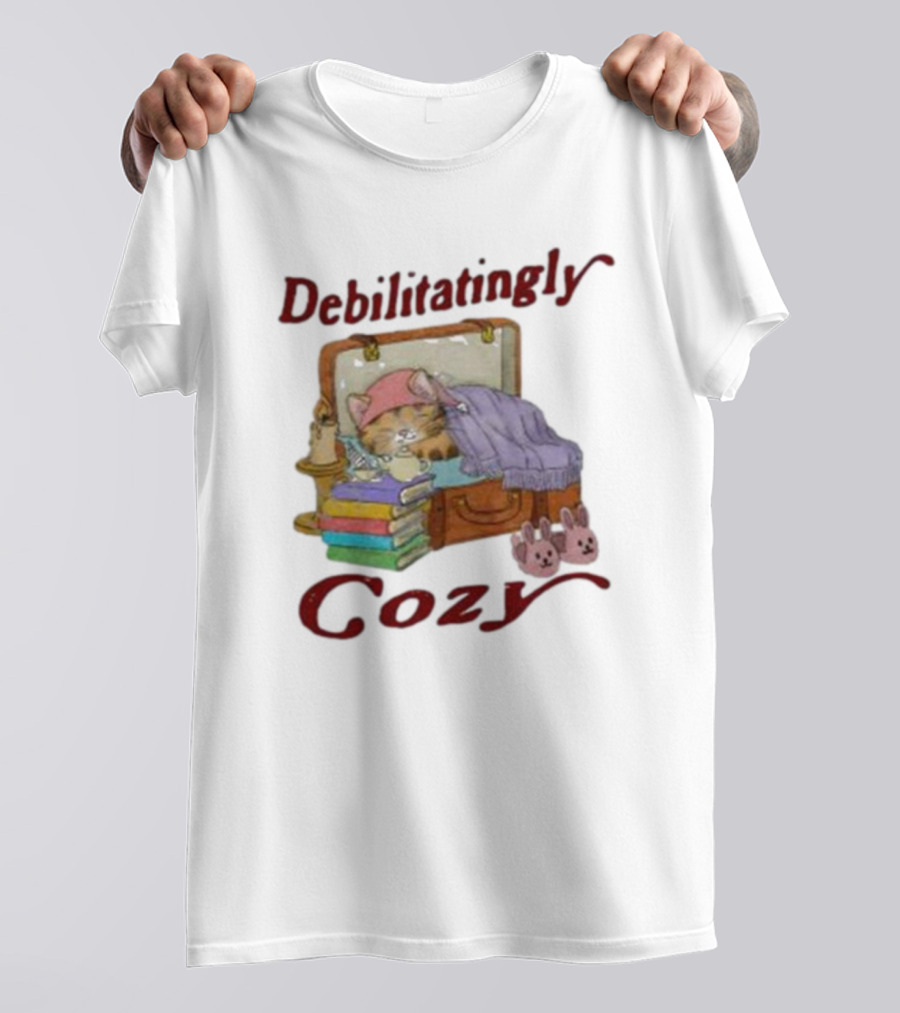 Debilitatingly Cozy Cat In Suitcase With Books And Bunny Slippers T-Shirt