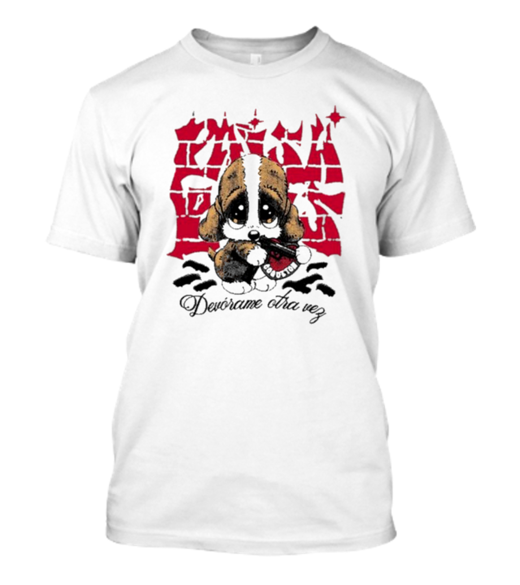 Coqueton Graffiti Style Devorame Otra Vez Puppy Holding Heart T-Shirt