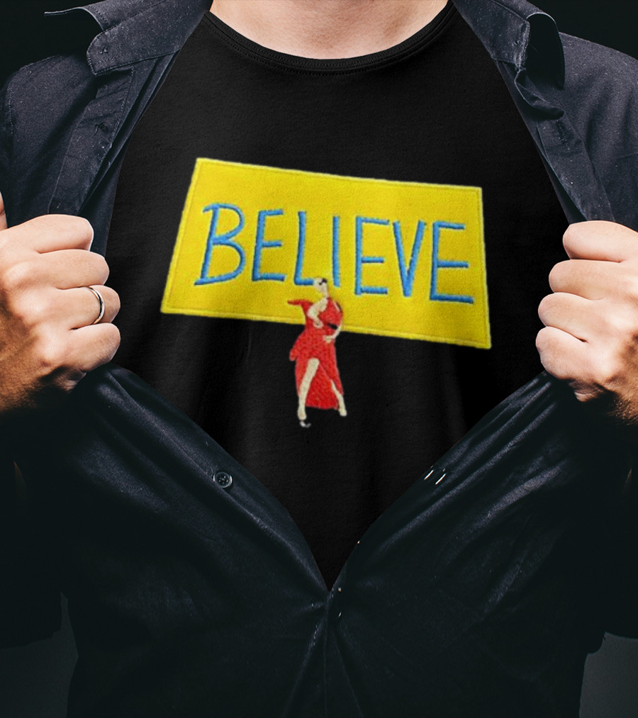 Hannah Waddingham Believe Yellow Sign With Red Dress T-Shirt