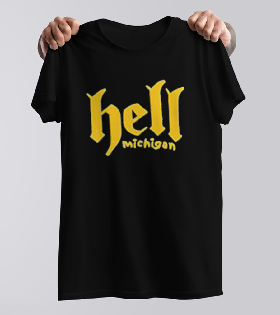 Hell Michigan Yellow Gothic Text T-Shirt