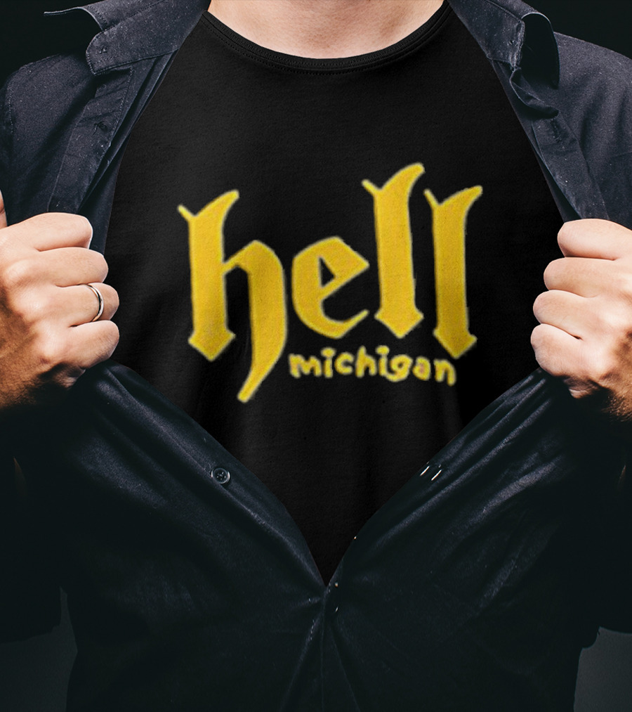 Hell Michigan Yellow Gothic Text T-Shirt